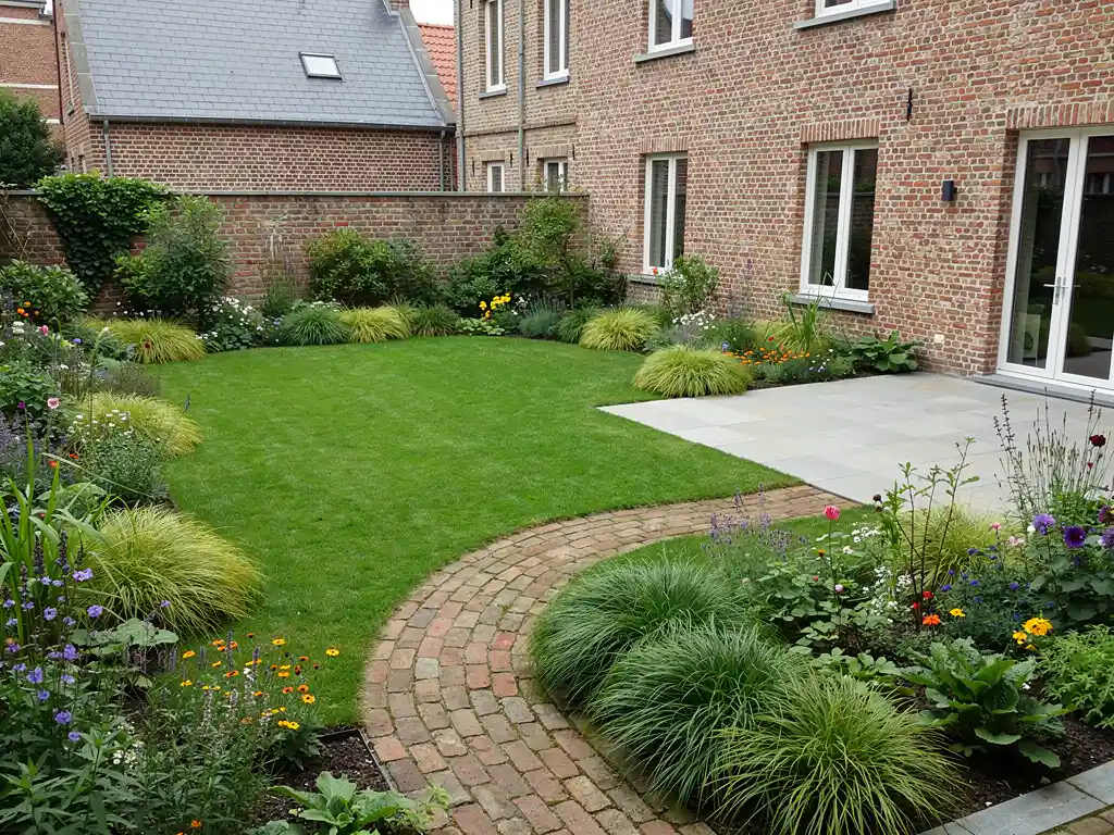 Verzorgde achtertuin van een bakstenen herenwoning met strak gazon, sierborders vol grassen en vaste planten en een klinkerpad naar een natuurstenen terras.