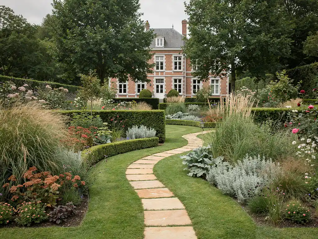 Belgische bakstenen landhuis met vier beplantingszones, siergrasborders, gesnoeide buxushagen en bloeiende vaste planten langs een stenen pad.