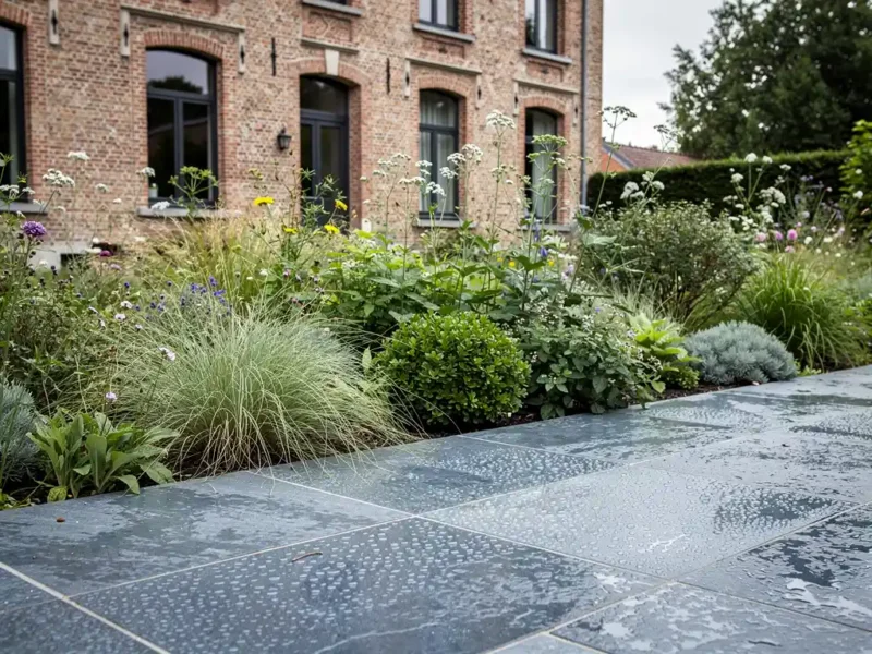 Blauwstenen terras met regendruppels naast een sierborder vol grassen en vaste planten bij een klassieke Belgische herenwoning.