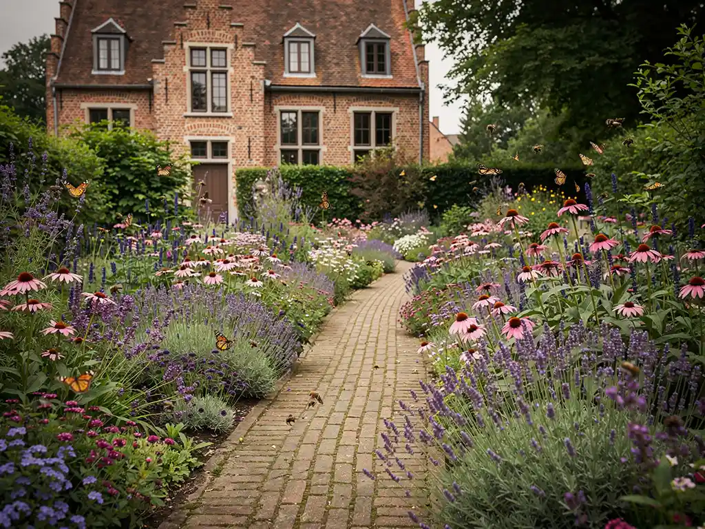 Weelderige cottage tuin met lavendel, echinacea en vlinderstruiken langs een klinkerpad, bijen en vlinders zichtbaar, Vlaamse herenwoning op achtergrond.