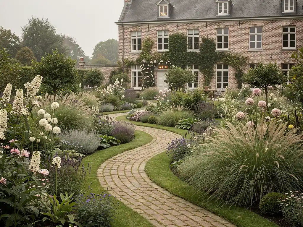 Weelderige cottage tuin met bloeiende vaste planten, siergrassen en klinkerpad naar klassieke Belgische bakstenen herenwoning.