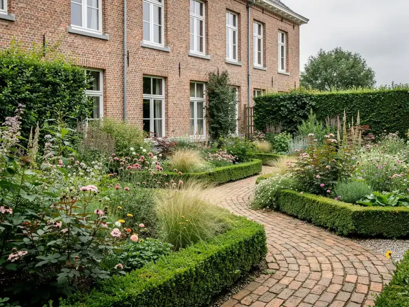 Weelderige cottage tuin met bloeiende vaste planten en grassen langs slingerend klinkerpad bij Vlaamse bakstenen herenwoning.