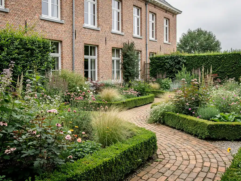 Weelderige cottage tuin met bloeiende vaste planten en grassen langs slingerend klinkerpad bij Vlaamse bakstenen herenwoning.