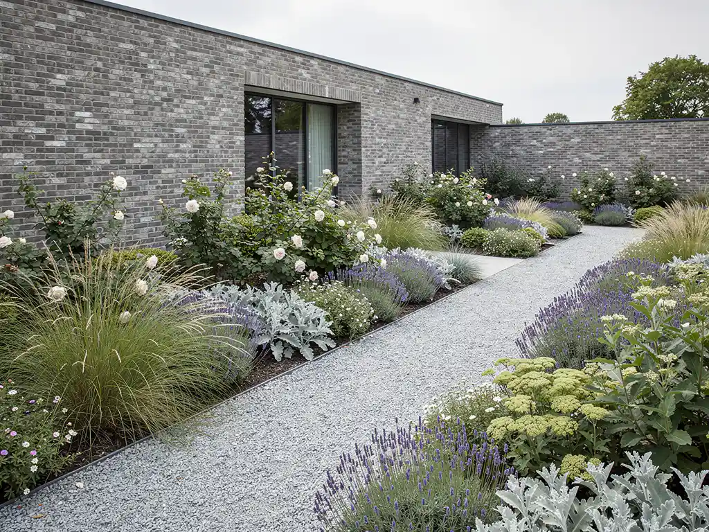 Droogtebestendige luxetuin met lavendel, struikroos en sedum langs lichtgrijs grindpad bij modernistische bakstenen woning.