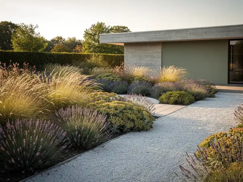 Droogteresistente luxetuin met lavendel, stipa-grassen en sedum langs grindpad bij minimalistische betonnen bungalow in namiddaglicht.