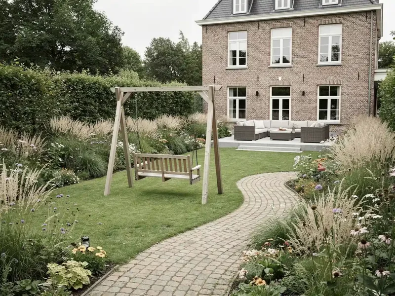 Weelderige familietuin met naturalistisch sierborder, kronkelend klinkerpad en terras bij klassieke Belgische bakstenen herenwoning.