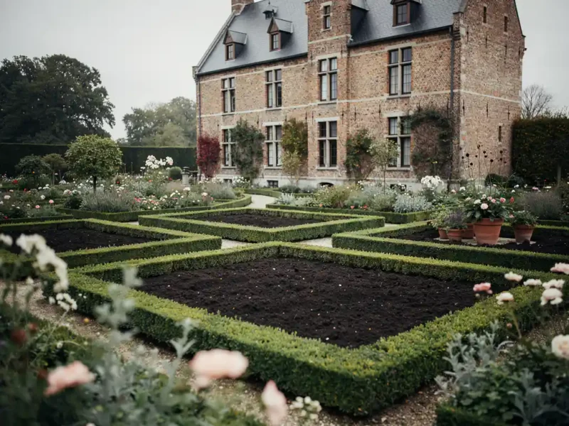 Formele tuin met geometrische verhoogde bedden, gesnoeide buxushagen en een Belgisch bakstenen herenhuis onder bewolkt Vlaams licht.