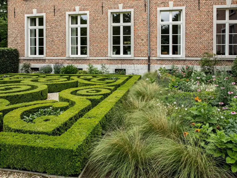 Symmetrische formele tuin met geometrische buxushagen naast naturalistische border bij klassieke Belgische bakstenen herenwoning.