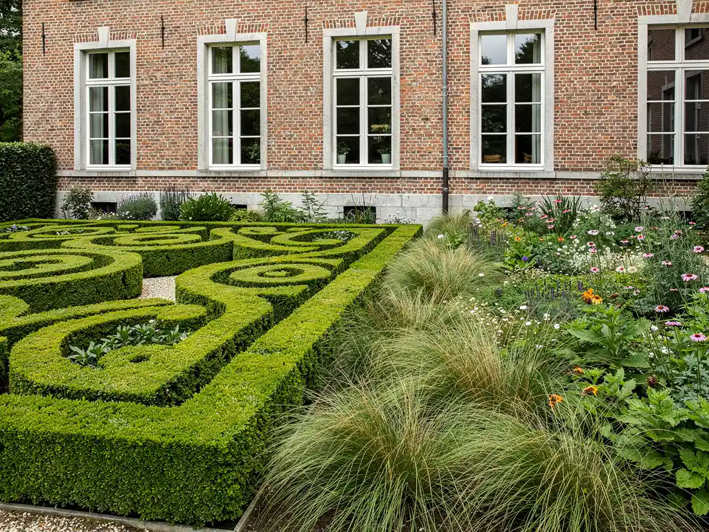 Symmetrische formele tuin met geometrische buxushagen naast naturalistische border bij klassieke Belgische bakstenen herenwoning.