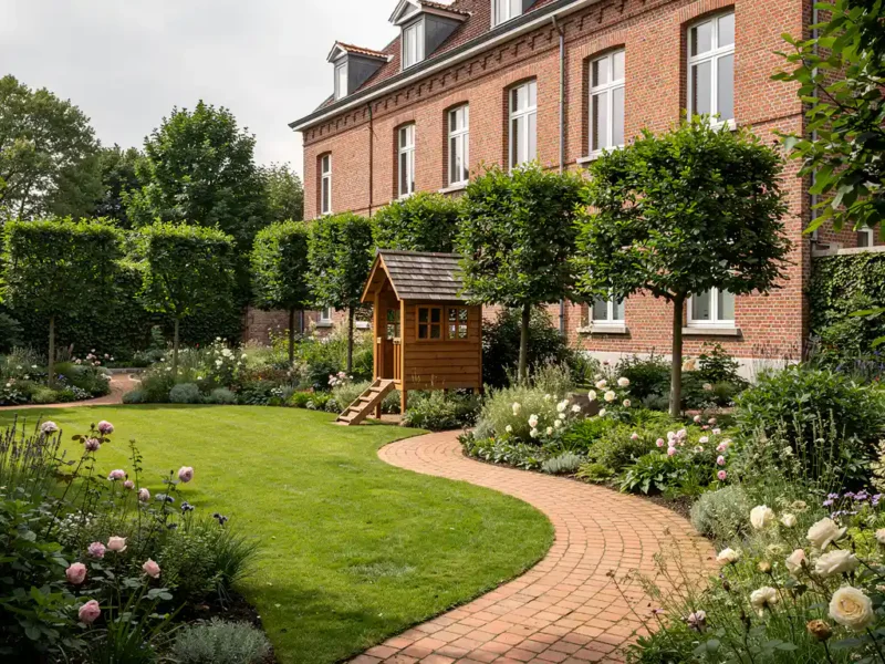 Kindvriendelijke tuin bij bakstenen herenwoning met houten speelhuisje, leibomen, bloeiende borders en slingerend klinkerpad.