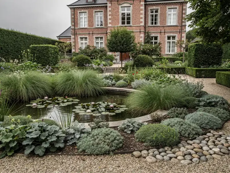 Sierlijke landschapstuin met vijver, waterlelies en grindbed bij klassieke Belgische bakstenen herenwoning onder bewolkt daglicht.