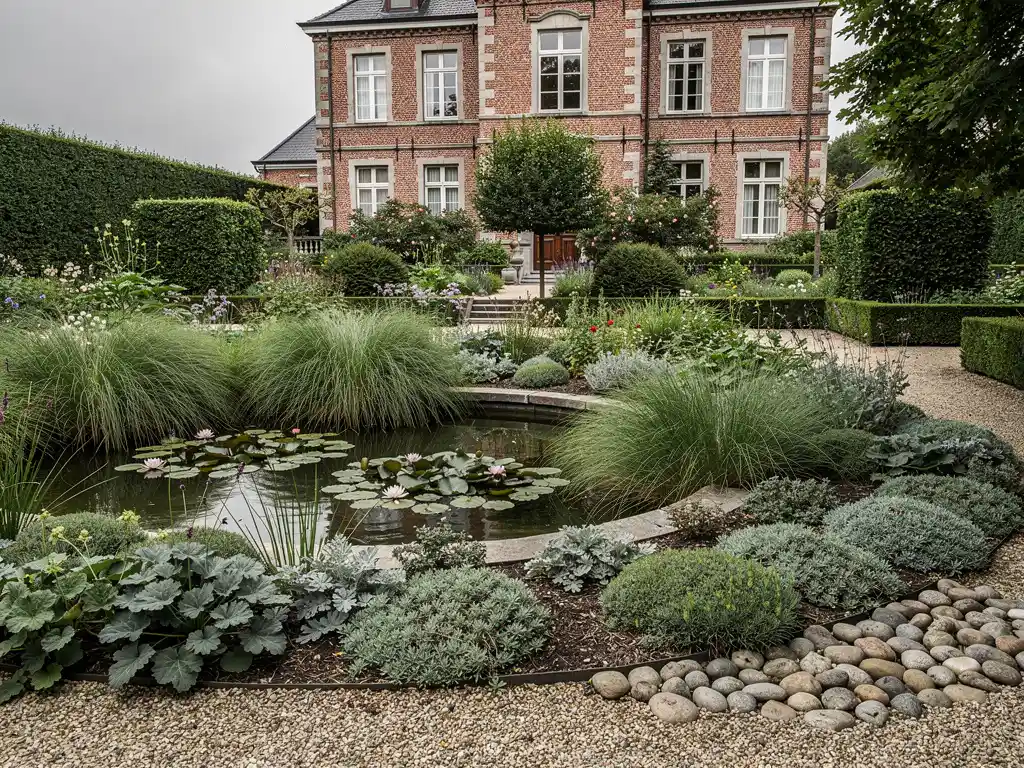 Sierlijke landschapstuin met vijver, waterlelies en grindbed bij klassieke Belgische bakstenen herenwoning onder bewolkt daglicht.