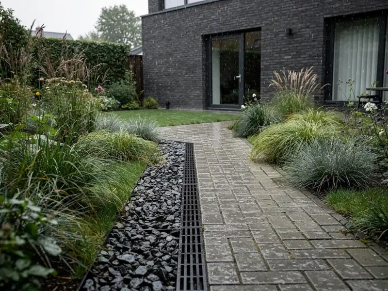 Moderne tuin met grindbed drainagesysteem langs klinkerpad, omgeven door siergras en vaste planten na regenbui, minimalistische bakstenen woning op achtergrond.