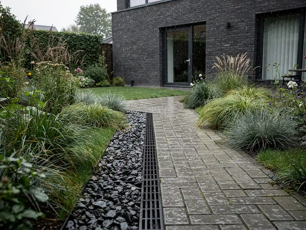 Moderne tuin met grindbed drainagesysteem langs klinkerpad, omgeven door siergras en vaste planten na regenbui, minimalistische bakstenen woning op achtergrond.