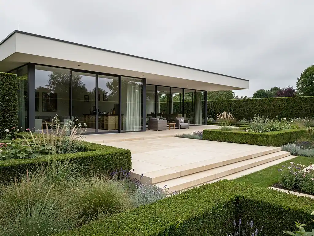 Minimalistische villa met plat dak omgeven door strakke hagen, siergras en vaste planten op een stenen terras in zacht Belgisch daglicht.
