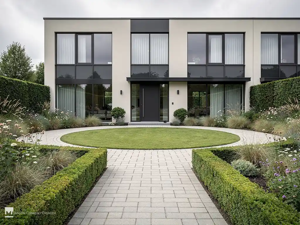 Strakke moderne voortuin bij nieuwbouwwoning met symmetrische gesnoeide hagen, sierborders en klinkerpad onder bewolkt Belgisch daglicht.