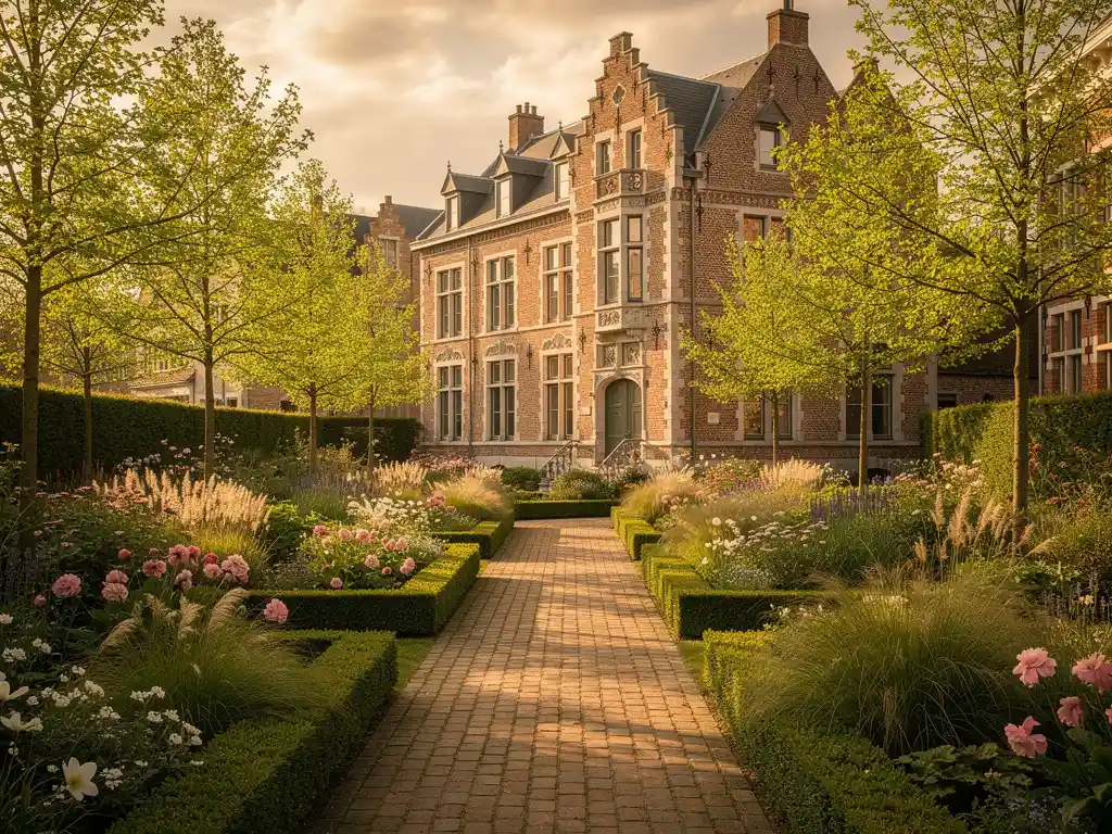Weelderige naturalistisch aangelegde voortuin met bloeiende vaste planten, siergrassen en hagen langs bakstenen herenwoning in Belgisch lentelicht.