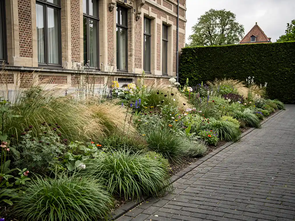 Naturalistische sierborder met golvende grassen en bloeiende vaste planten langs een klinkerpad bij een klassieke Belgische bakstenen herenwoning.