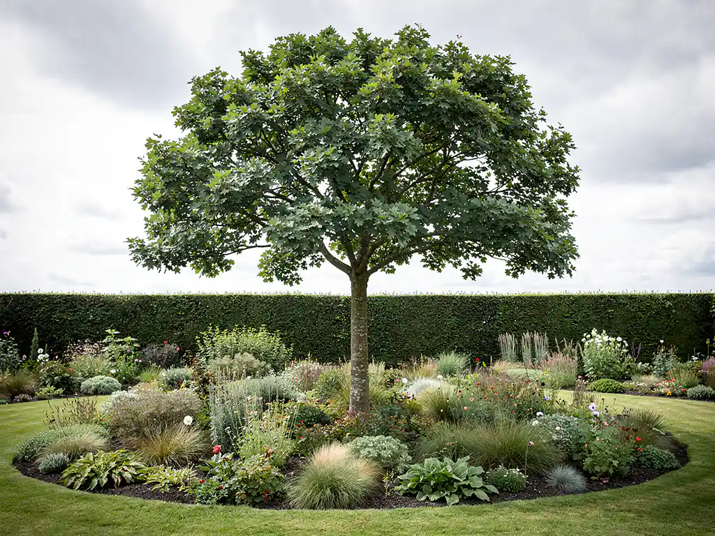 Volwassen boom als middelpunt van een naturalistische tuin met gelaagde borders van vaste planten, siergras en een strak gesnoeide haag op de achtergrond.