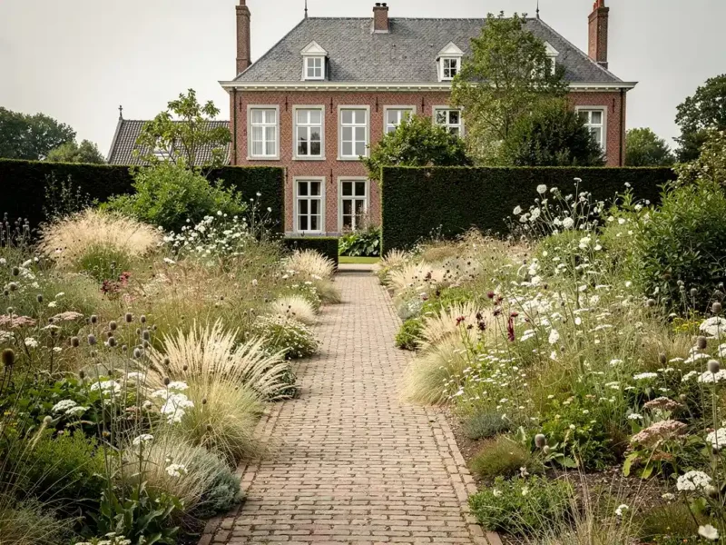 Naturalistische zomertuin bij Belgische bakstenen herenwoning met gelaagde sierborders van grassen en vaste planten langs klinkerpad.