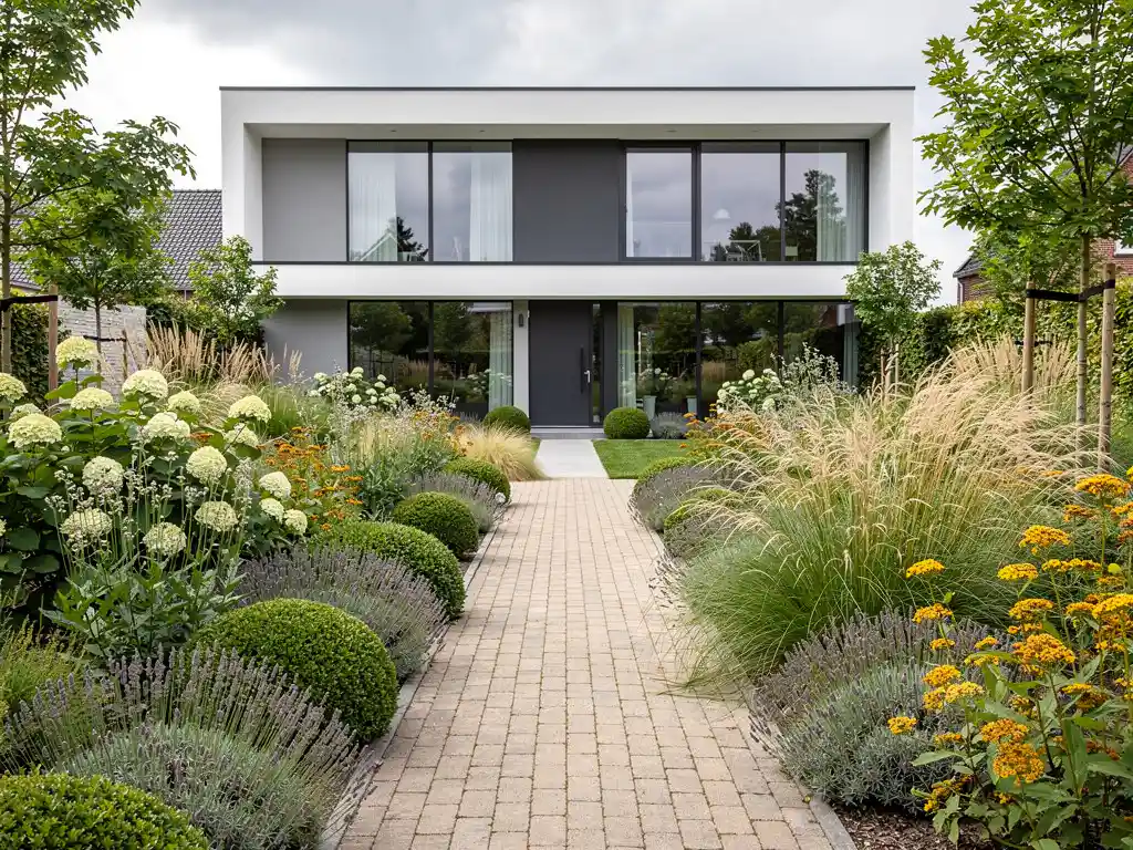 Naturalistische siertuin met lavendel, siergrassen en buxusbolletjes langs klinkerpad naar modernistische villa met stalen raamkozijnen.