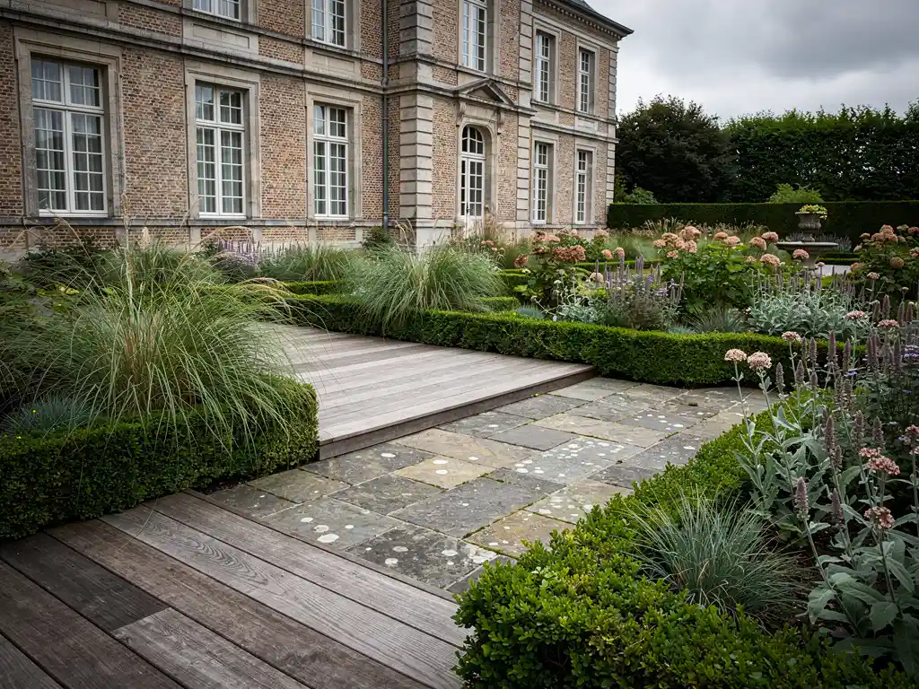 Verweerde natuurstenen tegels en hergebruikt hardhouten terras bij een klassiek bakstenen landhuis, omzoomd door siergras, buxushaag en roze vaste planten.