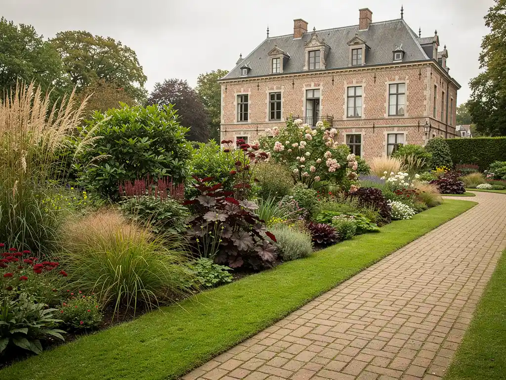 Naturalistische sierborder met vaste planten, grassen en bordeauxrode accenten langs klinkerpad bij klassieke bakstenen herenwoning.