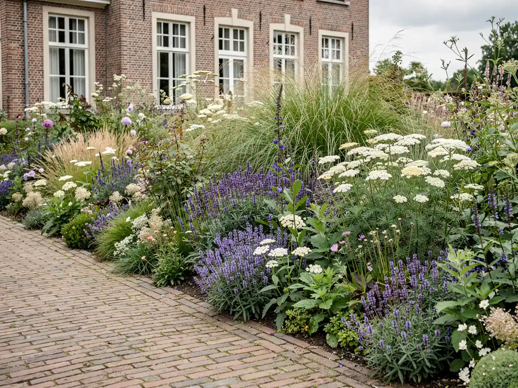 Weelderige sierborder met paarse salvia, witte achillea en siergras langs een klinkerpad bij een bakstenen herenwoning.