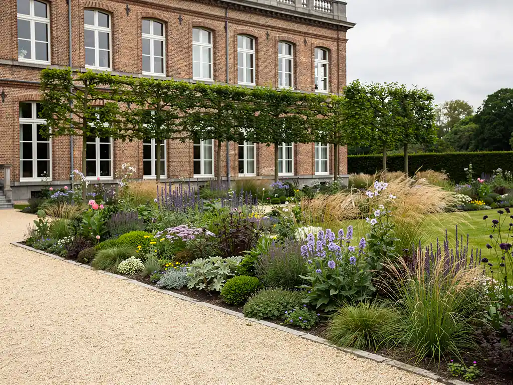 Naturalistische sierborder met vaste planten en siergrassen langs grindpad bij klassieke Belgische bakstenen herenwoning in zomerbloei.