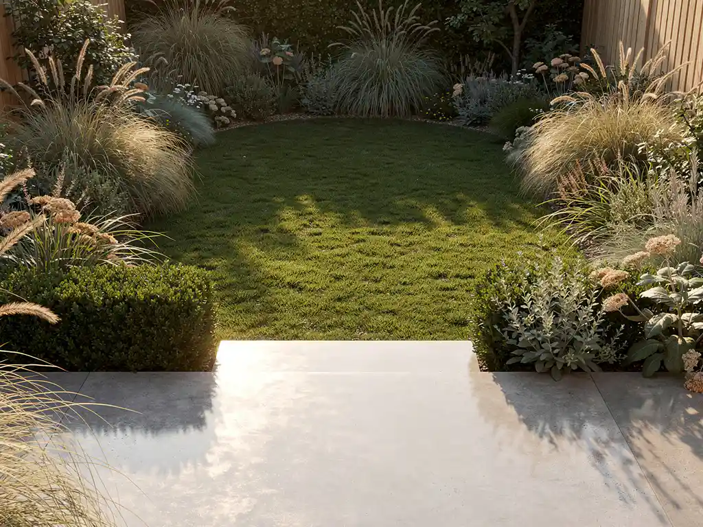 Smalle achtertuin met betonnen terras, gemaaid gazon en sierborders van grassen en vaste planten in gouden middaglicht.