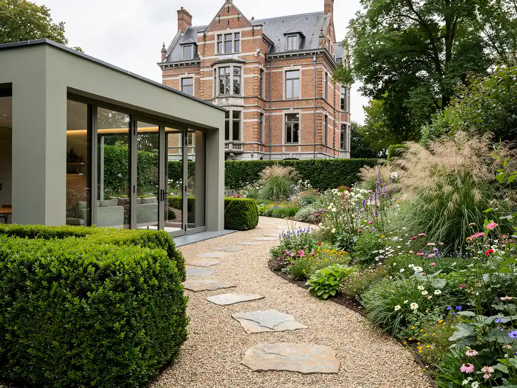Naadloze overgang van strakke buxushaag naar bloeiende cottage-border langs grindpad met natuursteen, klassieke bakstenen herenwoning op achtergrond.