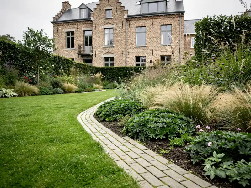 Drainagesysteem verborgen onder weelderig gazon met naturalistische borders, klinkerpad en klassieke bakstenen herenwoning op de achtergrond.
