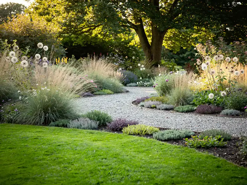 Weelderige tuin met strak gazon, grindpad en bodembedekkers zoals tijm en sedum in gouden namiddaglicht.