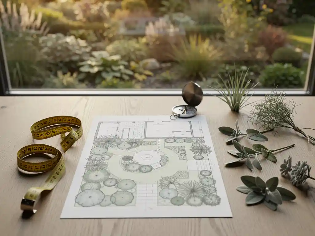 Tuinplan op lichte eikenhouten tafel met meetlint, passer en beplantingsstalen in saliegroen en antraciet, naturalistische tuin zichtbaar op achtergrond.