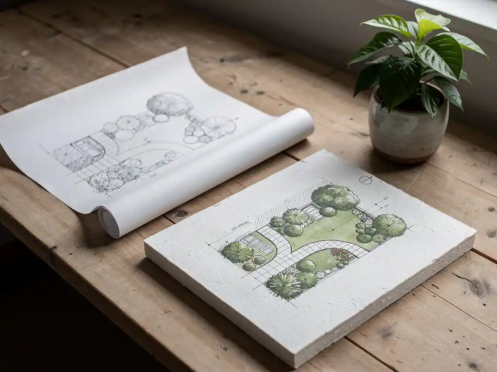 Handgetekende tuinschets in potlood naast een uitgewerkt tuinplan op houten werktafel, met klein groenplantje in zachte daglichtschaduwen.