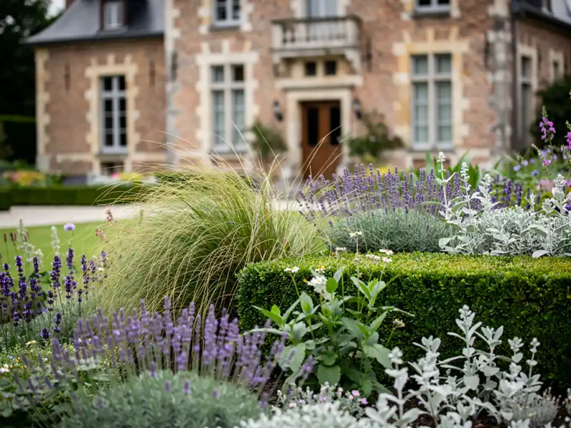Laagonderhoud vaste plantenborder met lavendel, salvia en siergras naast strakke buxushaag bij Belgische bakstenen herenwoning.