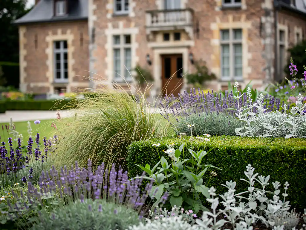 Laagonderhoud vaste plantenborder met lavendel, salvia en siergras naast strakke buxushaag bij Belgische bakstenen herenwoning.