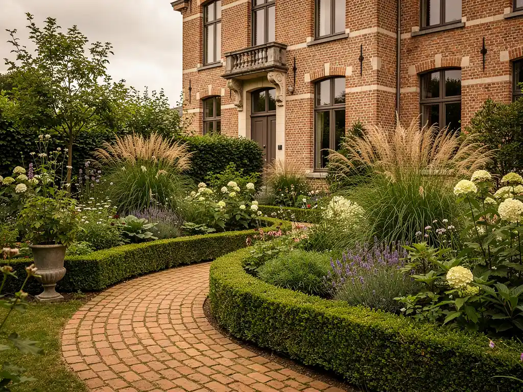 Cottage-tuin bij Vlaamse herenwoning met bloeiende vaste planten, siergrassen en lage hagen langs slingerend klinkerpad.