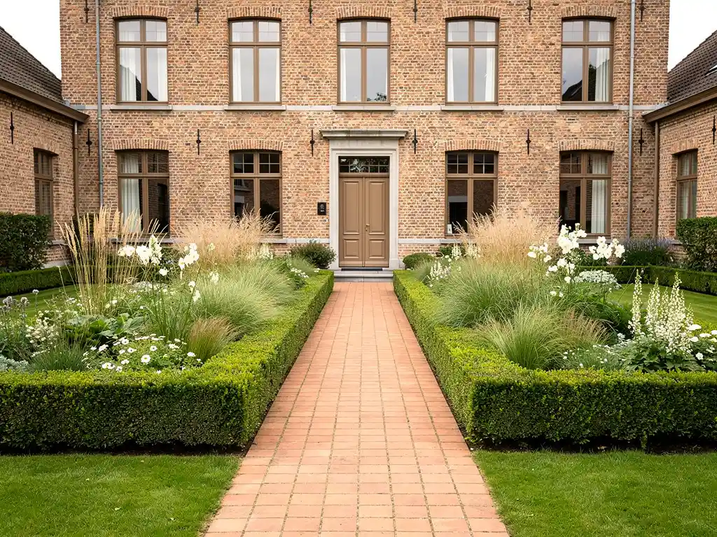 Symmetrisch aangelegde voortuin van bakstenen herenwoning met buxushaagjes, klinkerpad en witte seizoensbloeiers in zachte bewolkte belichting.
