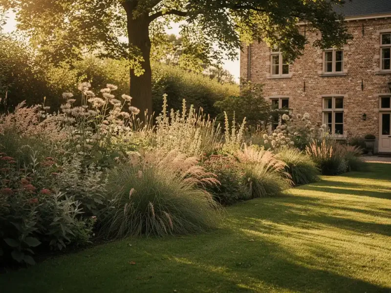 Naturalistisch zomerborder met siergras en vaste planten in warm middaglicht naast een Belgische bakstenen manor.