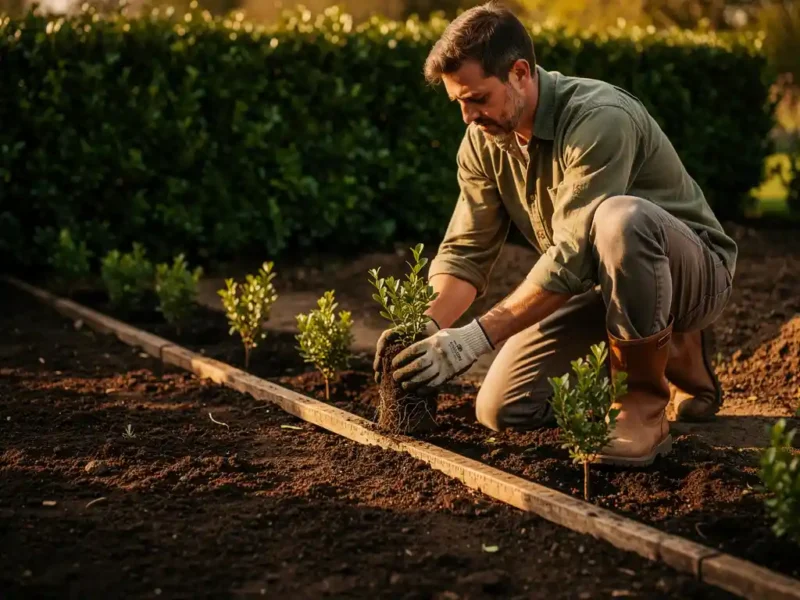 Hovenier die jonge hageplantsoen op gelijke afstand in vruchtbare grond plaatst, met een houten meetlat langs de rij en een volwassen buxushaag op de achtergrond.