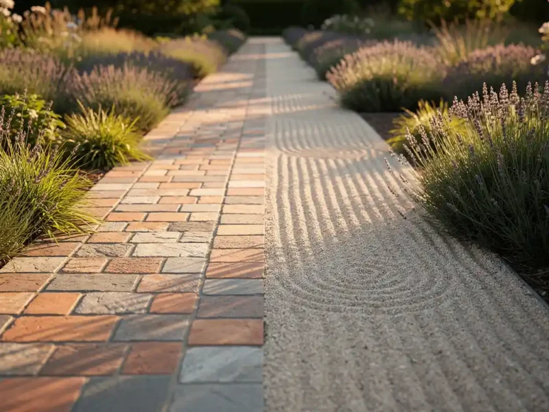 Tuinpad met terracotta en grijze klinkers naast geharkt gravel, omzoomd door siergras en lavendel in gouden avondlicht.