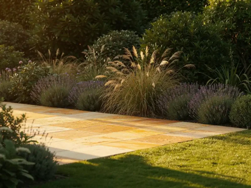 Zonnige zuidgerichte tuin met lavendel, siergras en natuurstenen terras in warm middaglicht.